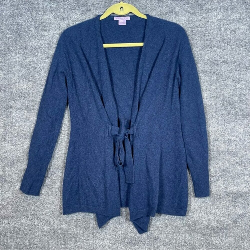 Grainne&Co 3 US Womens Large Navy Blue Tie 100% Cashmere Cardigan Preppy